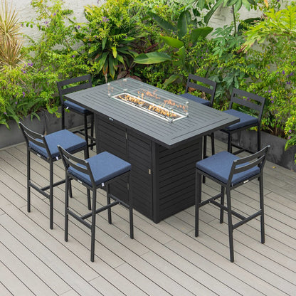 Chelsea Collection Modern Aluminum Chair in black with Blue Cushions - Set of 4