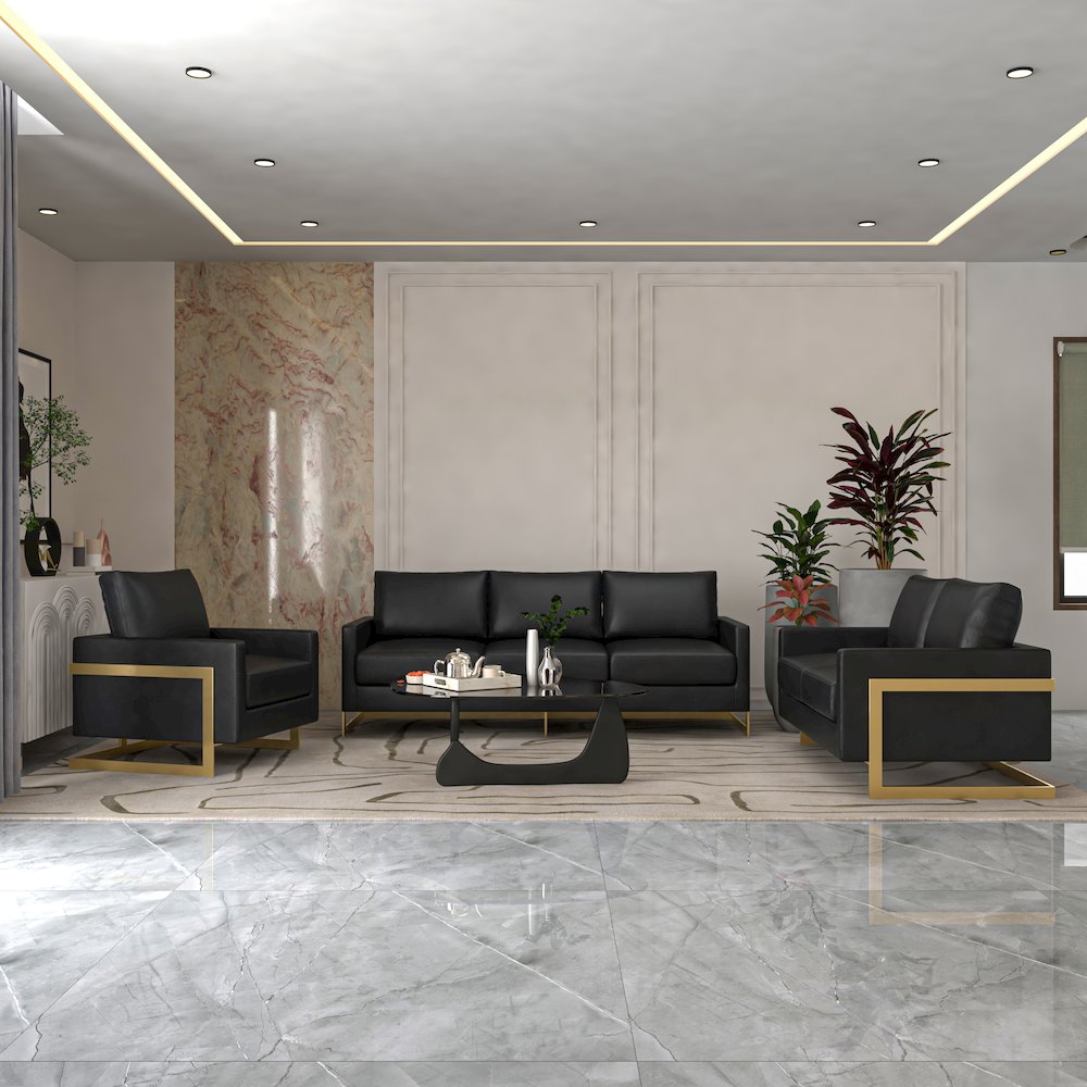Lincoln Modern Mid-Century Upholstered Leather Sofa with Gold Frame