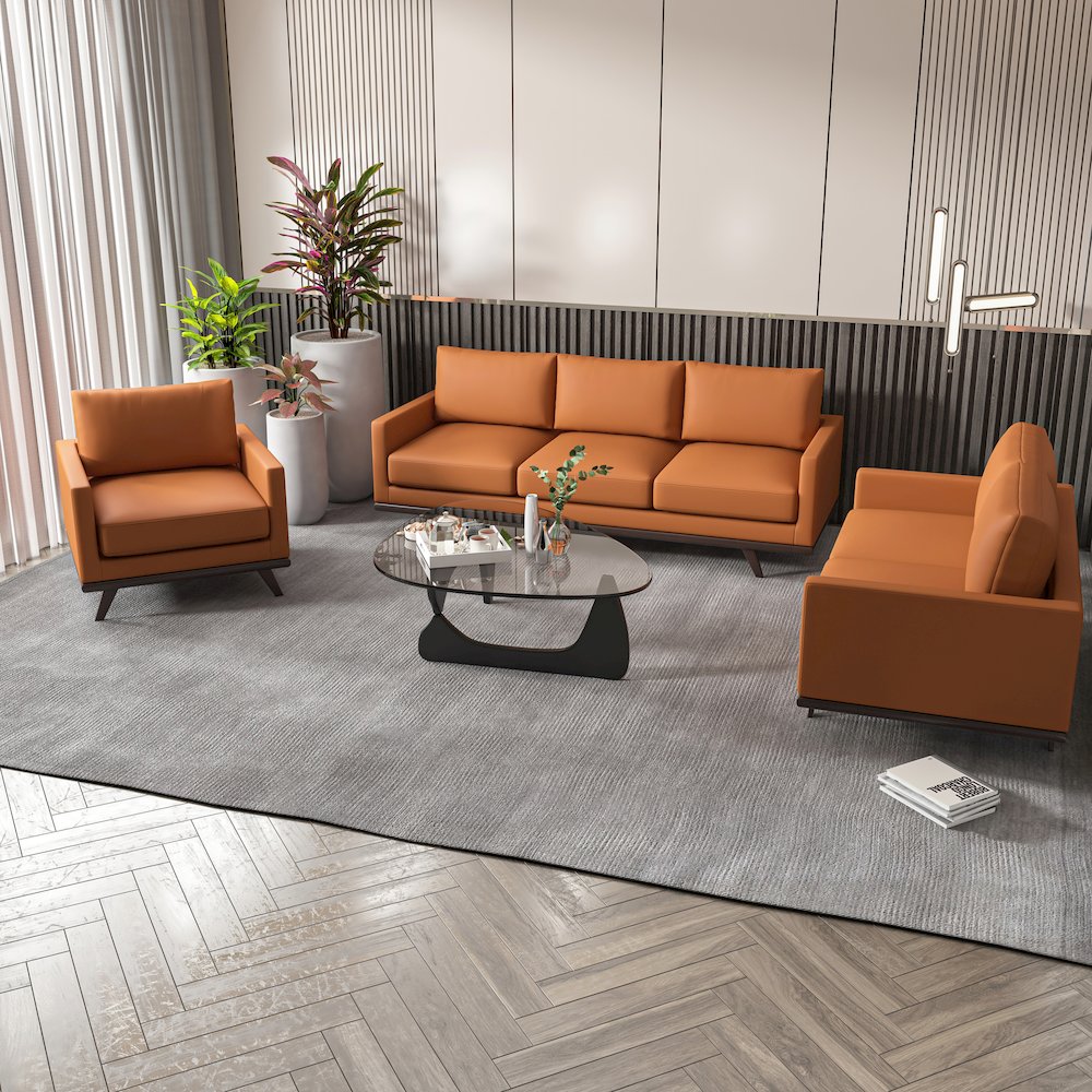 Chester 3-Piece Leather Living Room Sofa Set with Birch Wood Base Cognac Tan