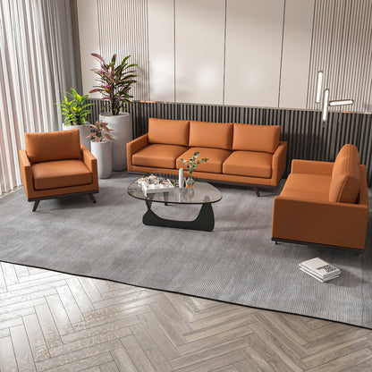 Chester 3-Piece Leather Living Room Sofa Set with Birch Wood Base Cognac Tan