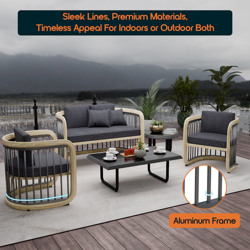 Klyra 5-Piece Aluminum Conversation Set with 2 accent chair in Grey