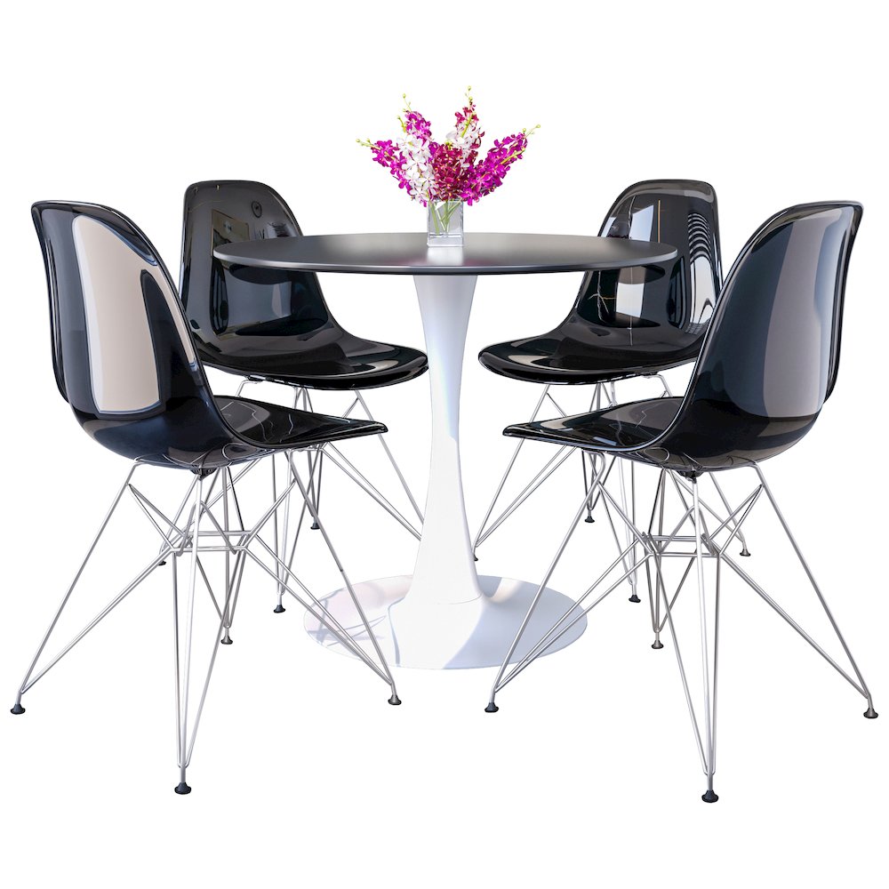 5-Piece Dining Set 35" Round Dining Table in Chrome - Transparent Black