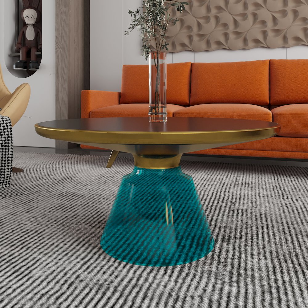 Tully Collection Glass Coffee Table Blue glass, Gold Rim with Black Glass top