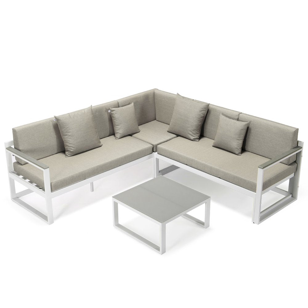 Chelsea White Sectional With Adjustable Headrest & Coffee Table With Cushions