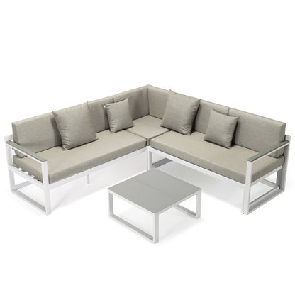 Chelsea White Sectional With Adjustable Headrest & Coffee Table With Cushions