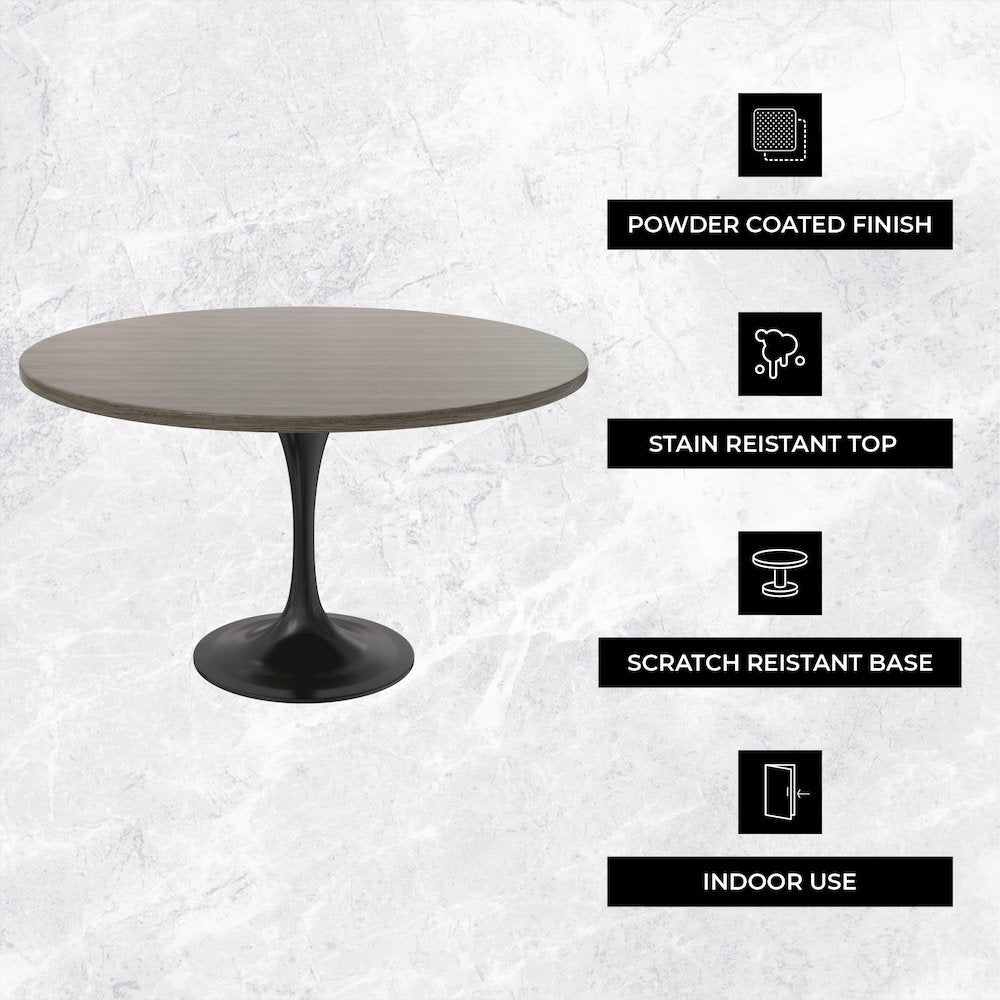 Verve Collection 48 Round Dining Table, Black Base with Dark Maple MDF Top