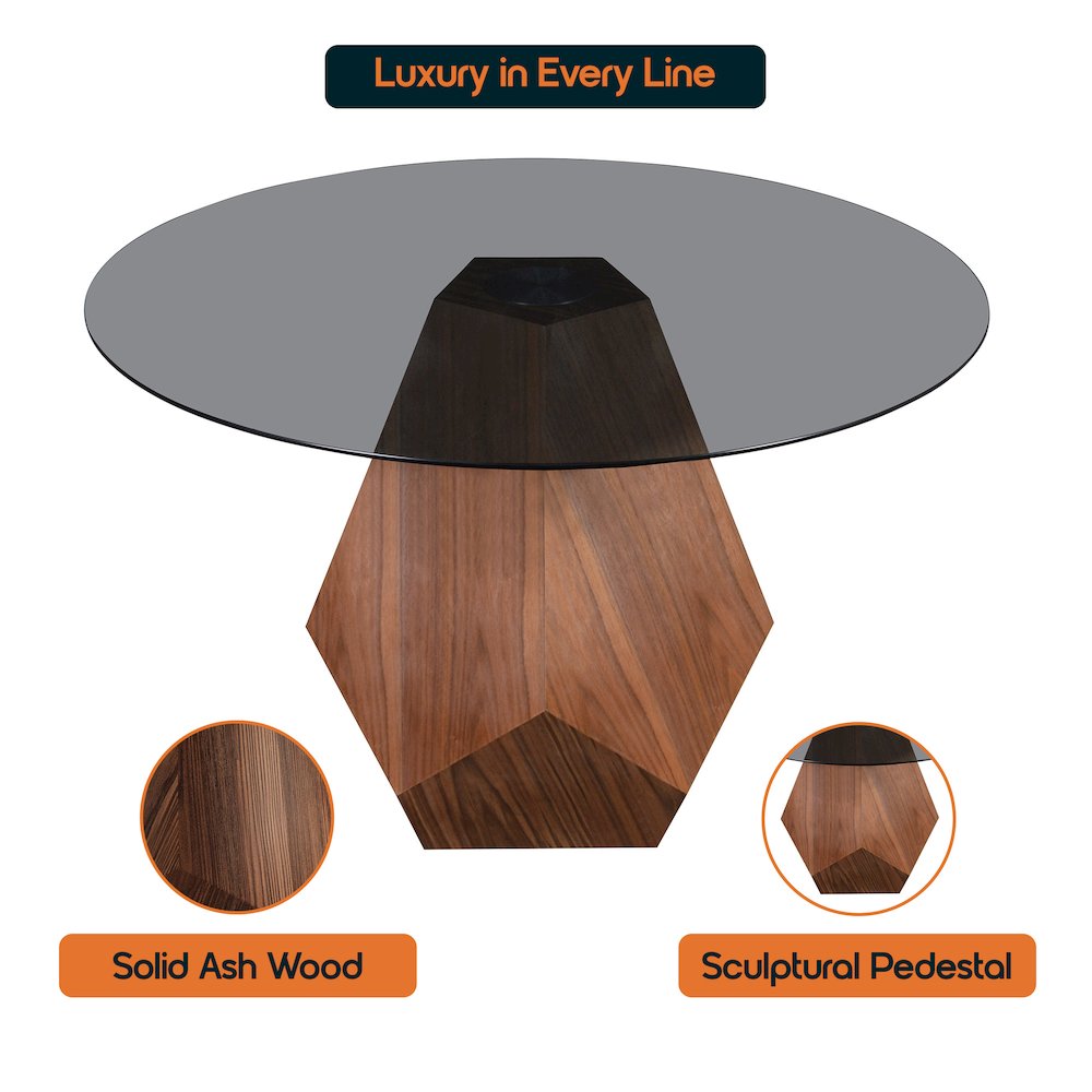 Nebo Modern Dining Table in Walnut Base with BLack Glass Top