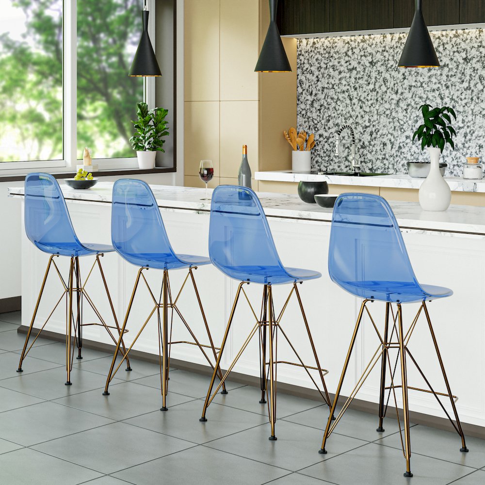 Cresco Counter Height Chair With Eiffel Gold Base In Transparent Blue