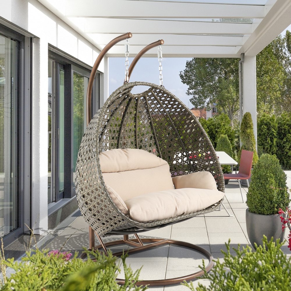 Beige Wicker Hanging 2 person Egg Swing Chair