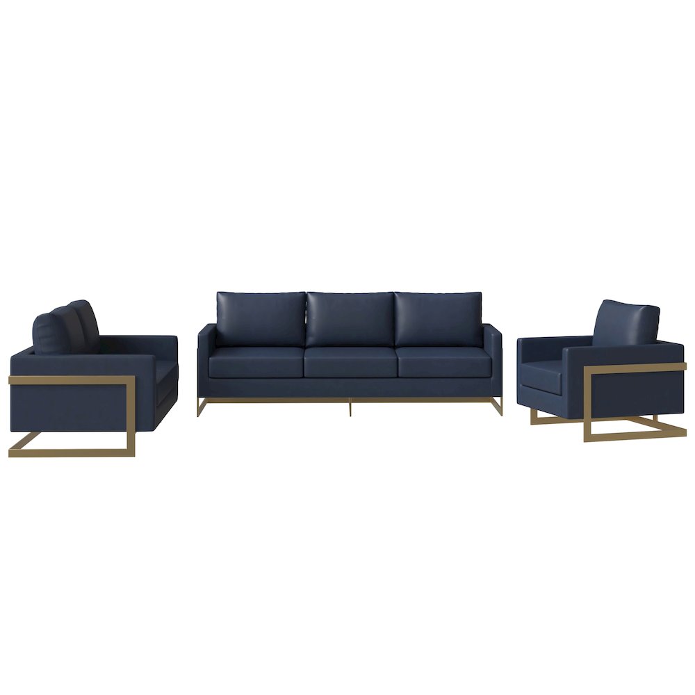Lincoln 3-Piece Velvet Living Room Sofa Set With Gold Frame Navy Blue