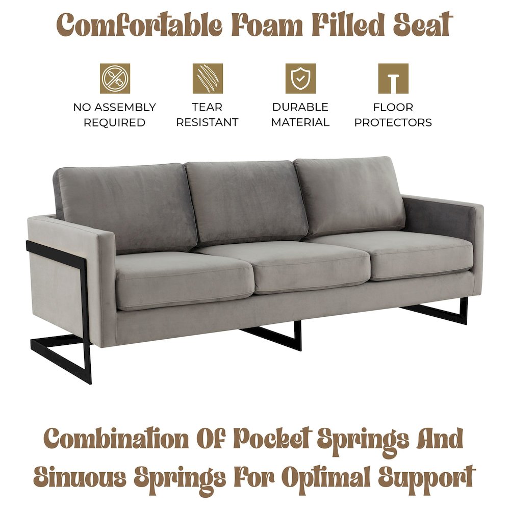 Lincoln Light Grey Velvet Sofa With Black Frame