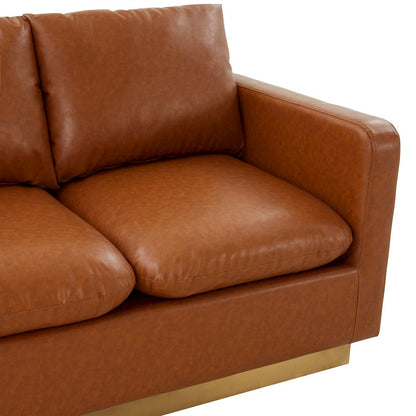 Nervo Modern Mid-Century Upholstered Leather Loveseat with Gold Frame