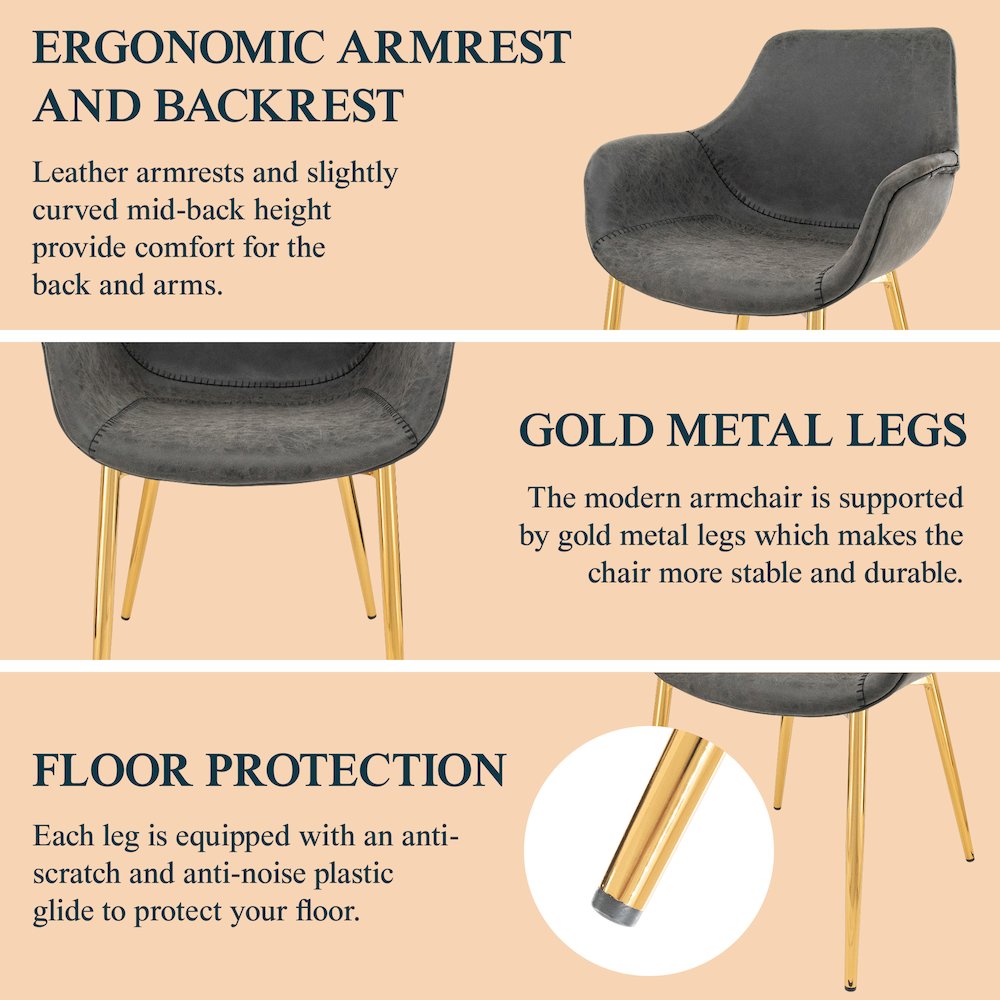 Markley Modern Leather Dining Arm Chair With Gold Metal Legs Set of 2