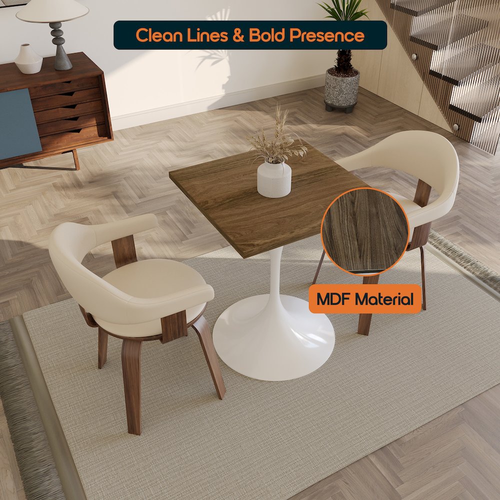 Verve Collection 24 Square Dining Table, White Base with Dark Maple MDF Top