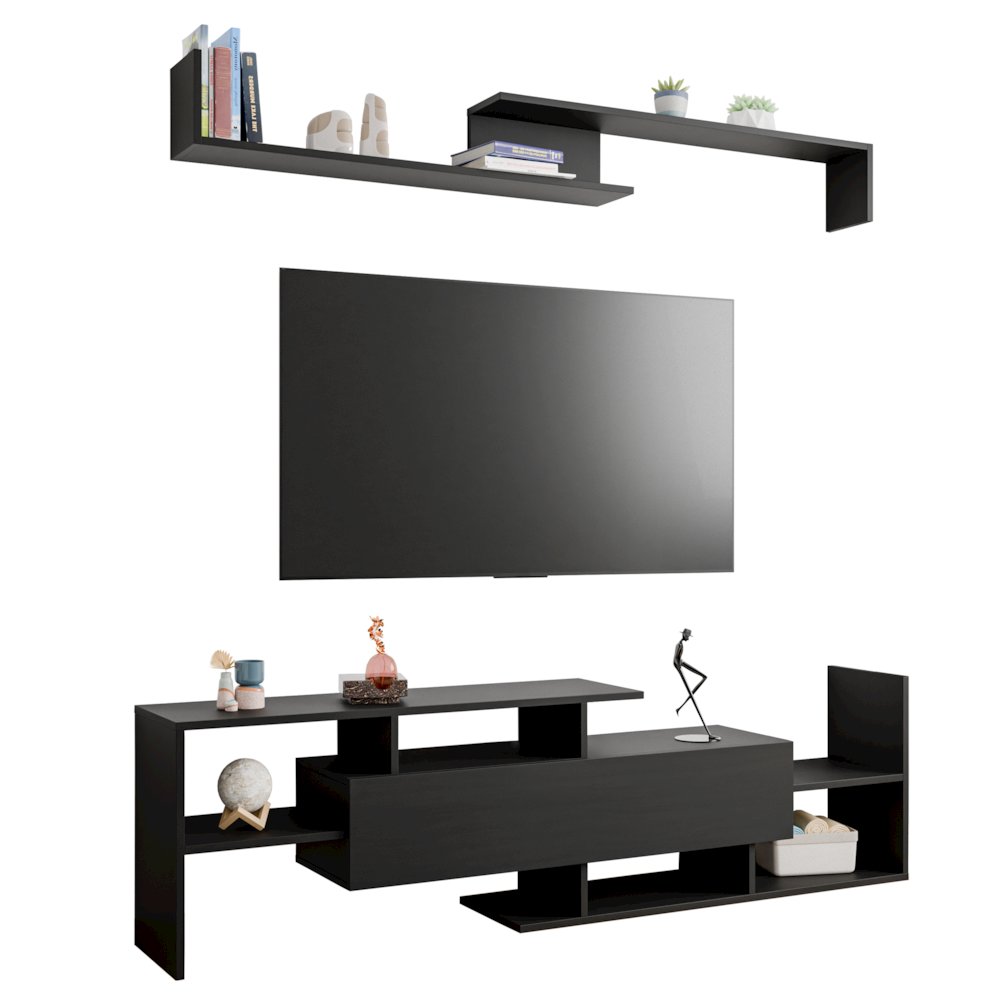 Surrey Modern TV Stand with MDF Shelves and Bookcase in Ebony