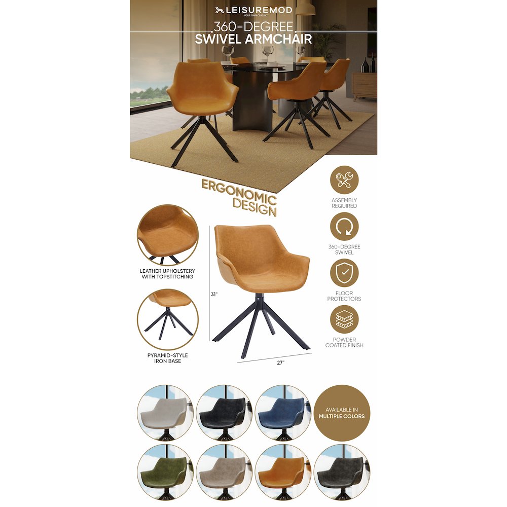 Markley Modern Leather Dining Swival Arm Chair in Light Brown