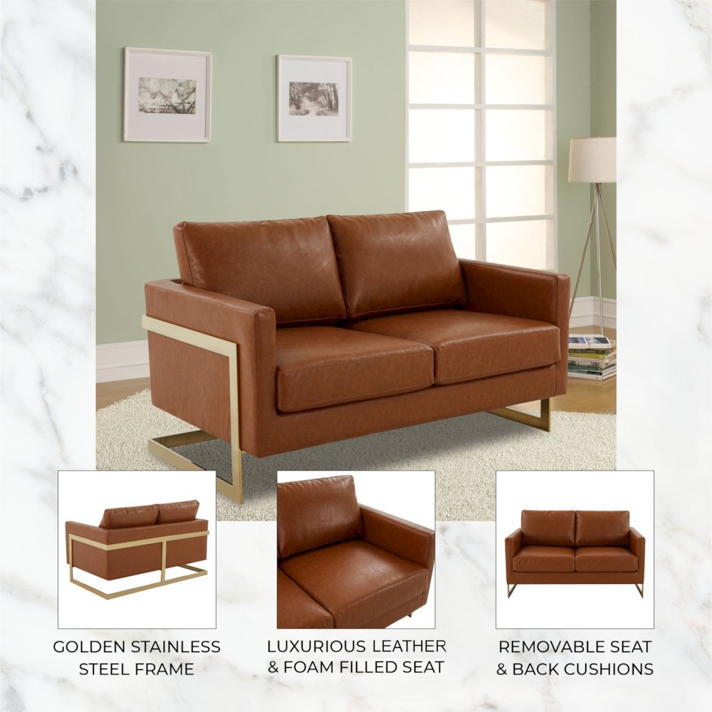 Lincoln Modern Mid-Century Upholstered Leather Loveseat with Gold Frame