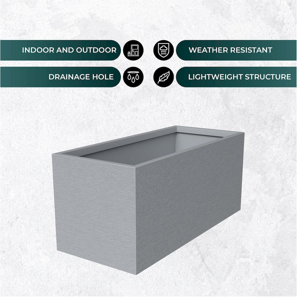 Flora Series Rectangle Poly Stone Planter in Grey 23.6 x 23.6, 47.2 Long