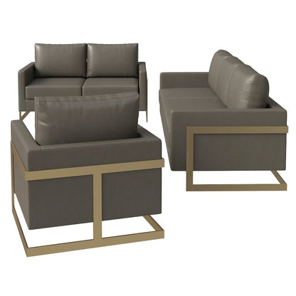 Lincoln 3-Piece Velvet Living Room Sofa Set With Gold Frame Grey
