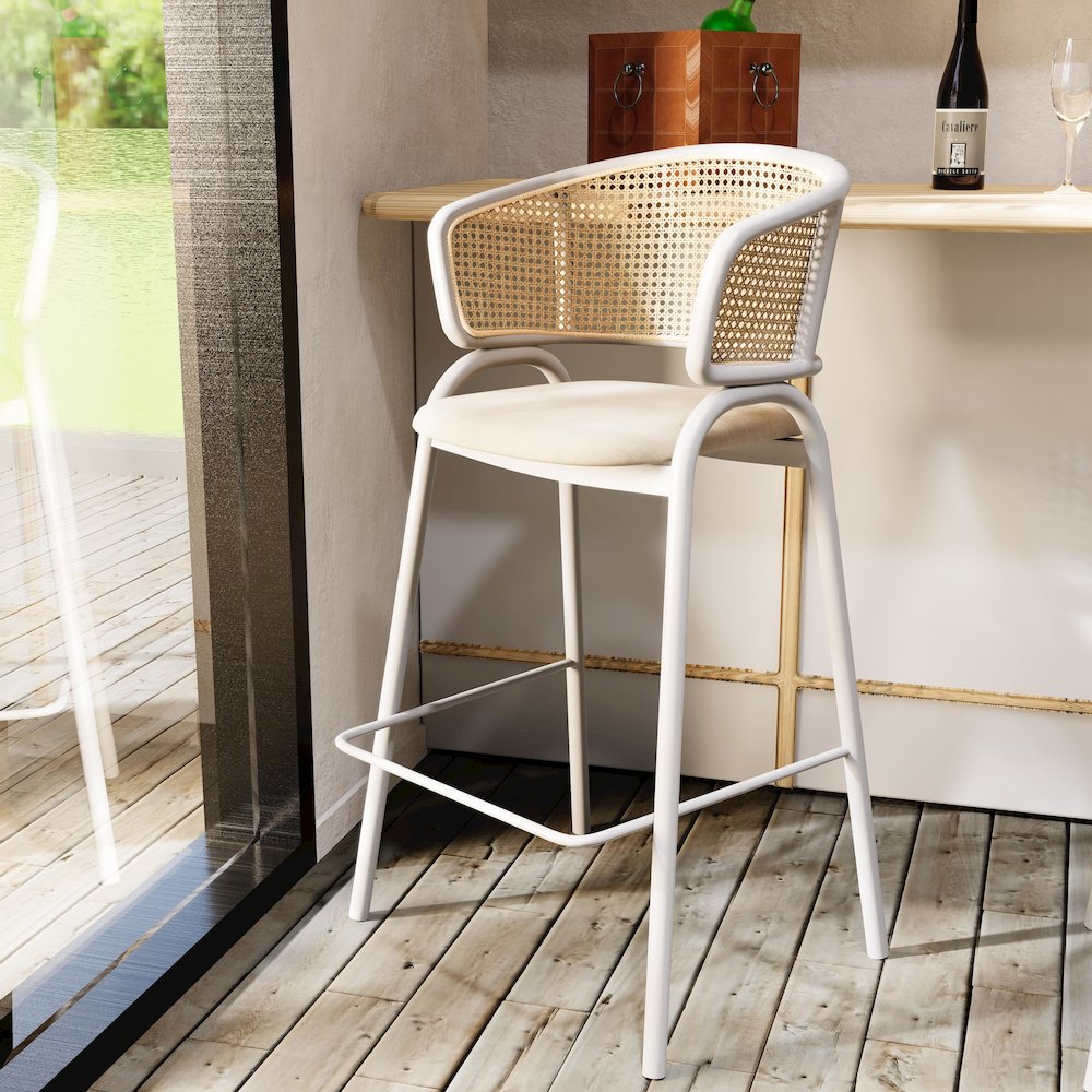 Ervilla Wicker Bar Stool with Fabric Seat and White Steel Frame - White leather