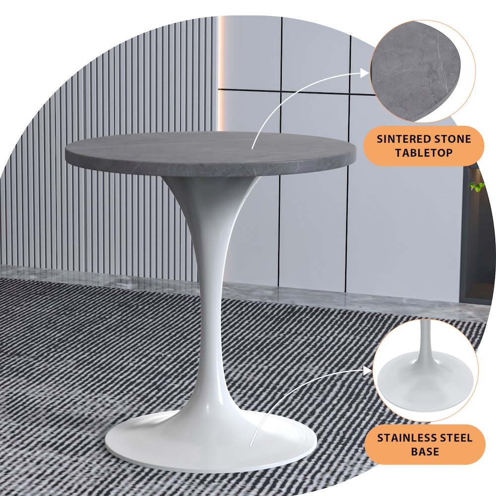 Verve Collection 27 Round Dining Table, White Base with Sintered Stone Grey Top