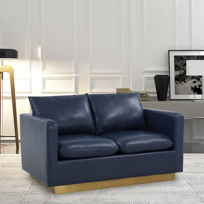 Nervo Modern Mid-Century Upholstered Leather Loveseat with Gold Frame