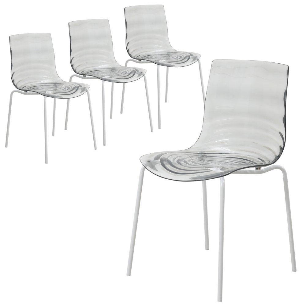 Astor Water Ripple Design Dining Chair in White Base Trans Black Seat Set of 4