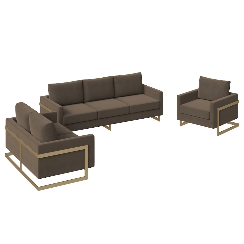 Lincoln 3-Piece Velvet Living Room Sofa Set With Gold Frame