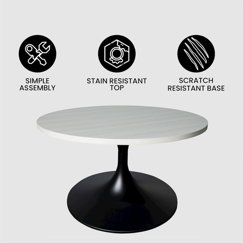 Verve Coffee Table Black base with 27" round Light Natural MDF top