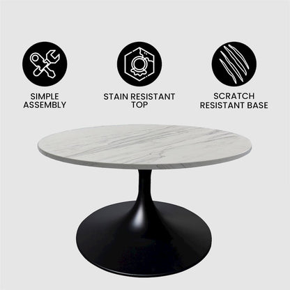Verve Coffee Table Black base with 27" round White Marble Laminated top