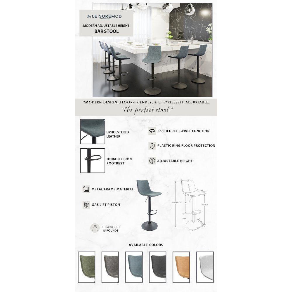 Tilbury Modern Adjustable Bar Stool in Peacock Blue