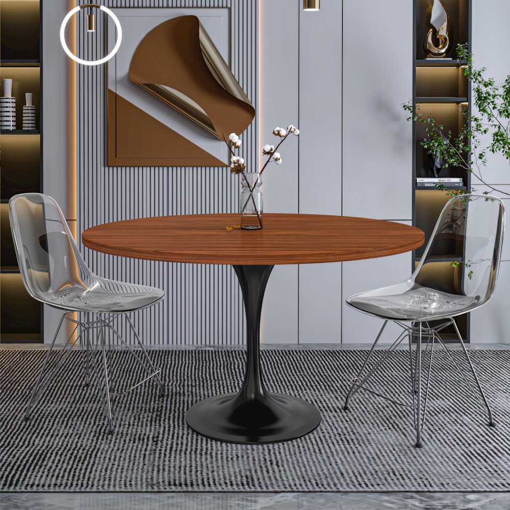 Verve Collection 48 Round Dining Table, Black Base with Cognac Brown MDF Top