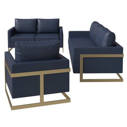 Lincoln 3-Piece Velvet Living Room Sofa Set With Gold Frame Navy Blue