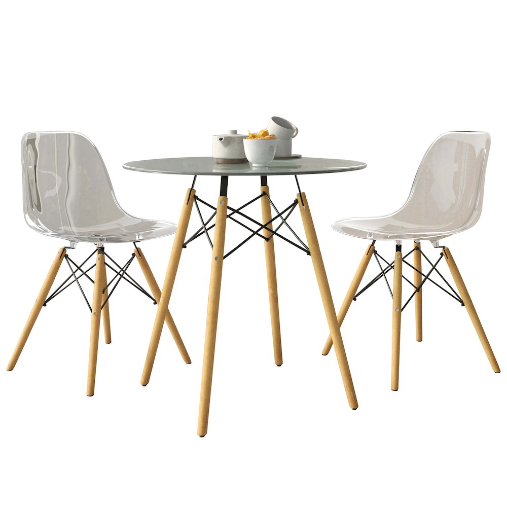 Dover 3-Piece Dining Set with Round Clear Glass Top Bistro Table in Clear