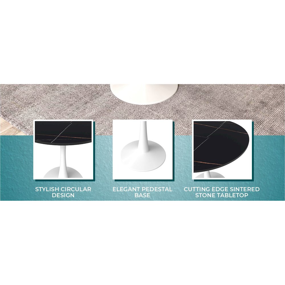 Bristol 35" round dining table White base with Black Sintered stone Top