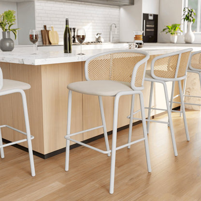 Ervilla Mid-Century Modern Wicker Bar Stool in Beige