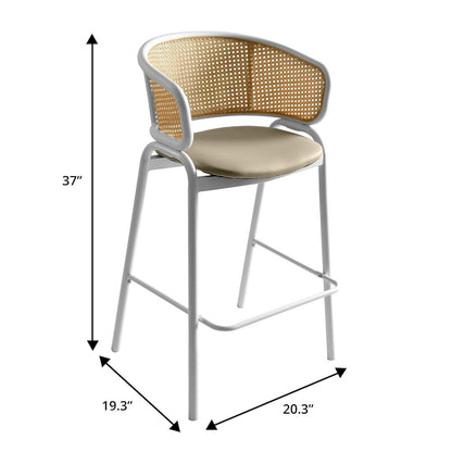 Ervilla Wicker Bar Stool with Fabric Seat and White Steel Frame - Taupe