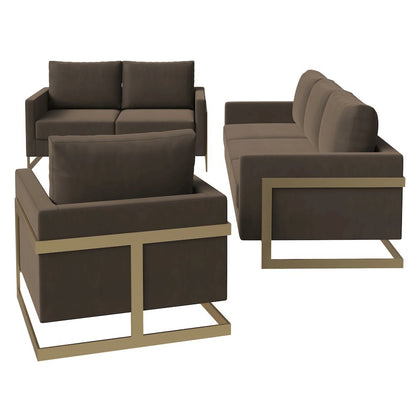 Lincoln 3-Piece Velvet Living Room Sofa Set With Gold Frame