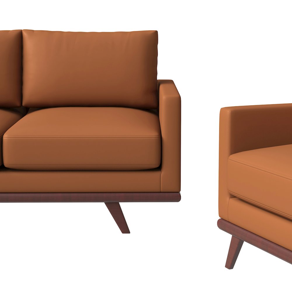 Chester 3-Piece Leather Living Room Sofa Set with Birch Wood Base Cognac Tan