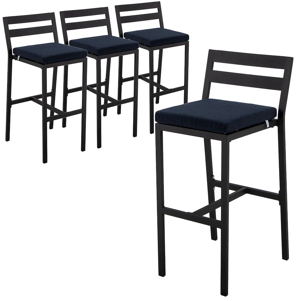 Chelsea Collection Modern Aluminum Chair in black with Blue Cushions - Set of 4