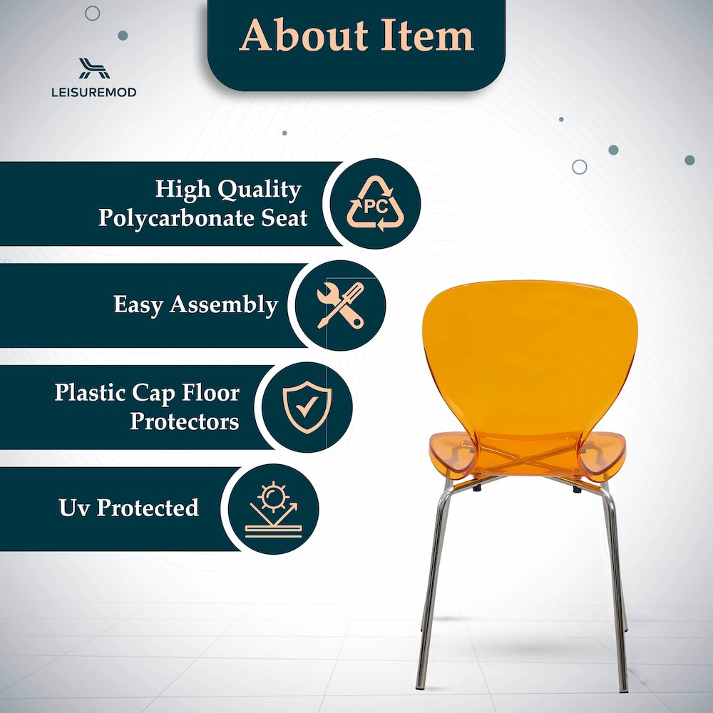 Modern Oyster Side Chair in Transparent Orange with Chromed Base Set of 4