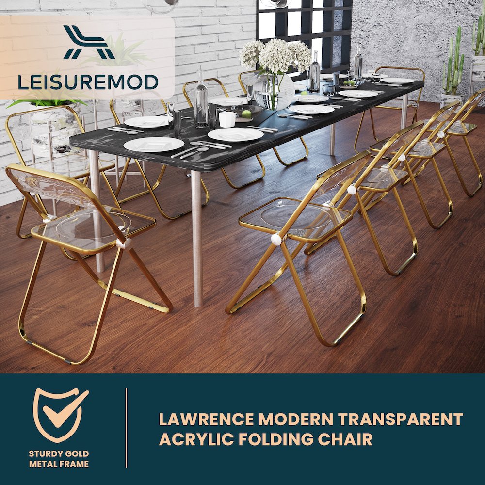 Lawrence Acrylic Folding Chair With Gold Metal Frame, Set of 2