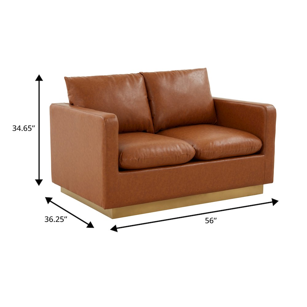 Nervo Modern Mid-Century Upholstered Leather Loveseat with Gold Frame