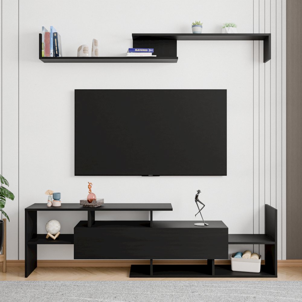 Surrey Modern TV Stand with MDF Shelves and Bookcase in Ebony