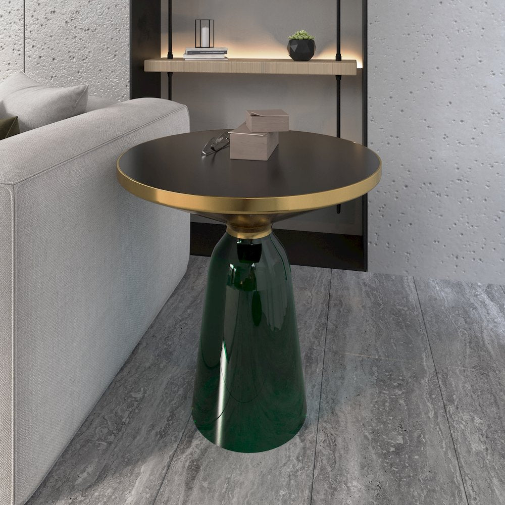 Tully Collection Glass side Table Green glass, Gold Rim with Black Glass top