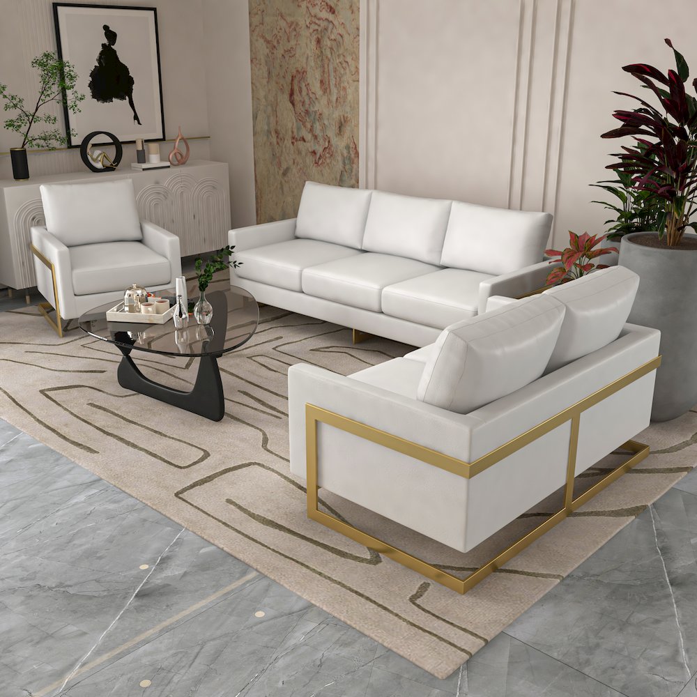 Lincoln Modern Mid-Century Upholstered Leather Sofa with Gold Frame