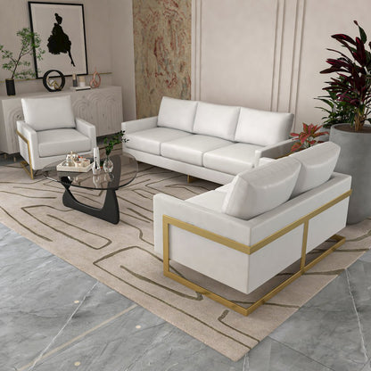 Lincoln Modern Mid-Century Upholstered Leather Sofa with Gold Frame