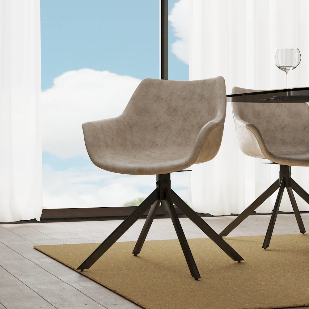 Markley Modern Leather Dining Swival Arm Chair in Taupe