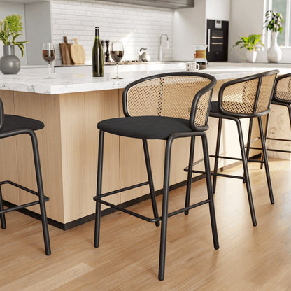 Ervilla Mid-Century Modern Wicker Bar Stool in Black