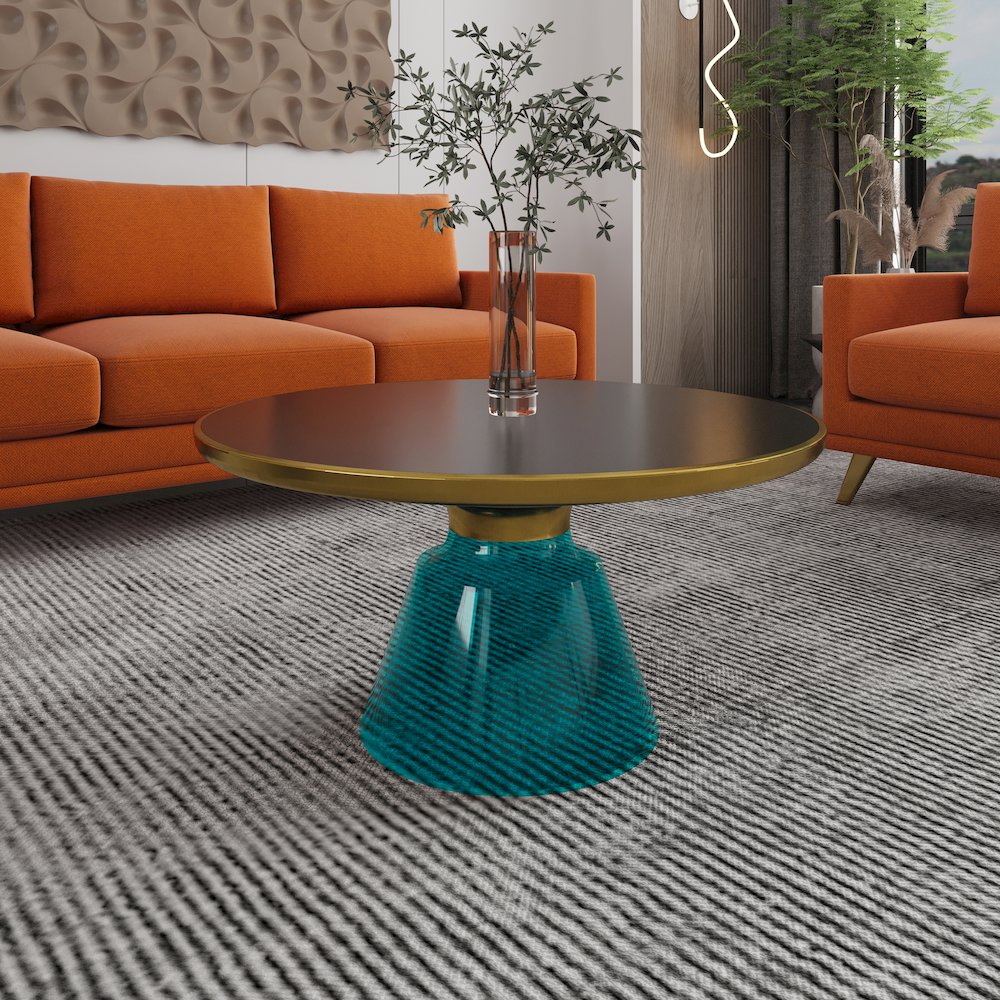 Tully Collection Glass Coffee Table Blue glass, Gold Rim with Black Glass top